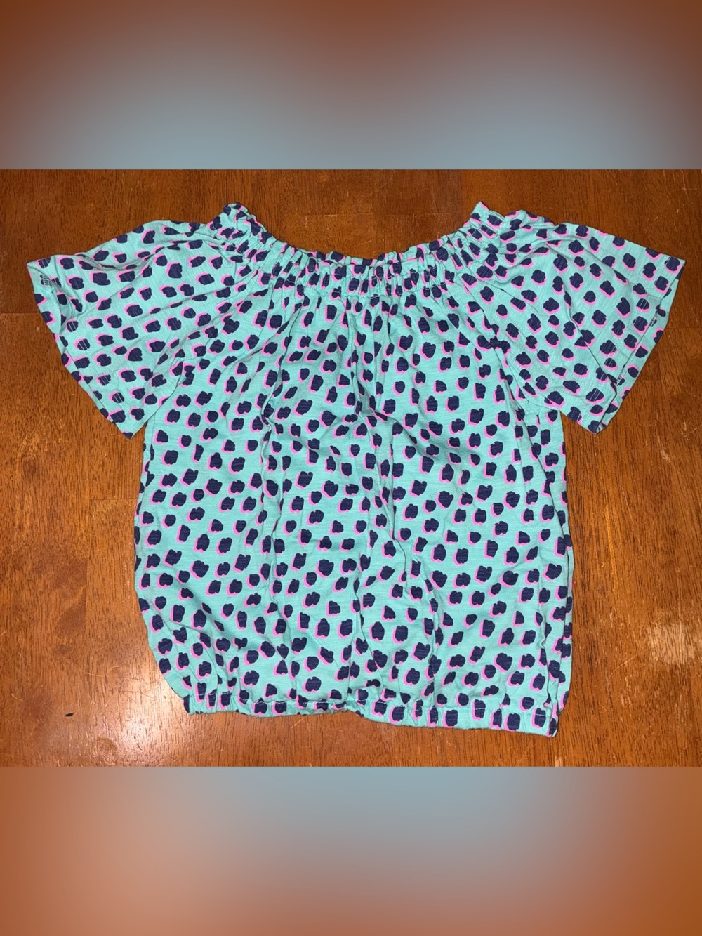 Falls Creek Aqua Off-Shoulder Top with Navy and Pink Spot Print